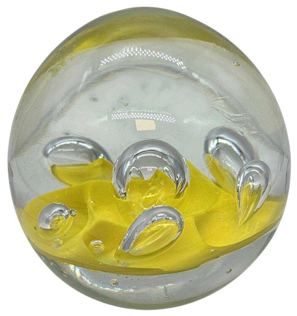 YELLOW WITH BUBBLES ART GLASS PAPERWEIGHT 3"
